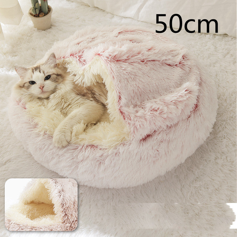2-in-1 Plush Pet Bed for Dogs and Cats - Cozy Round Winter House with Soft Long Fur Design