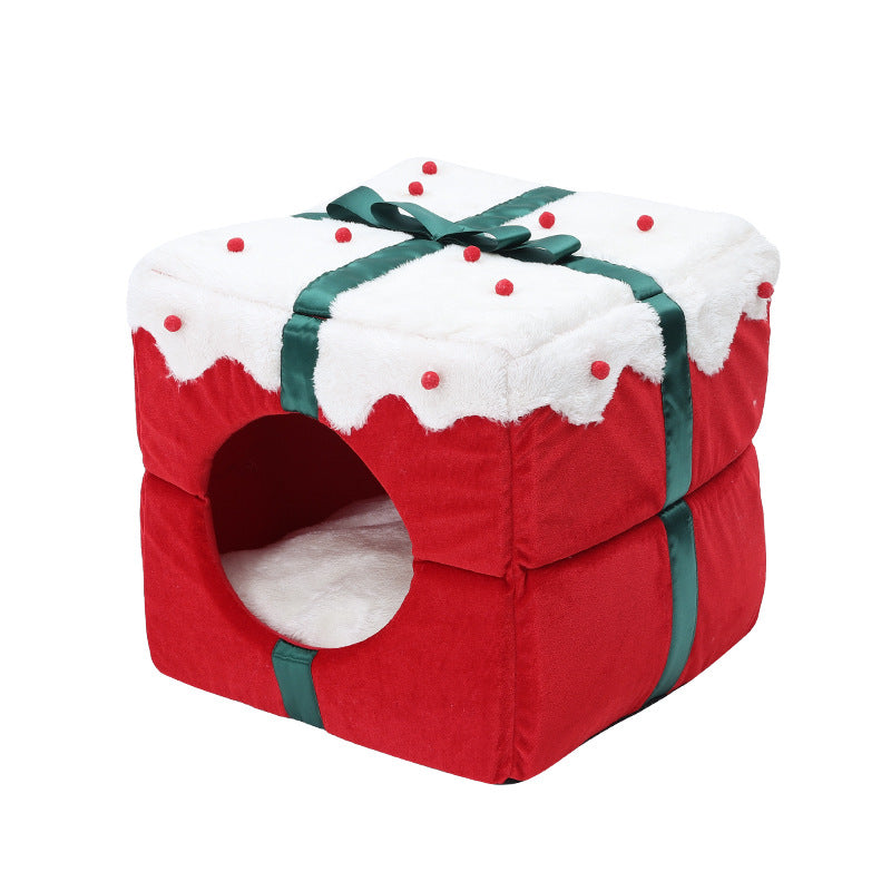 Christmas Gift Box Cat House – Plush Cave Bed with Cushion