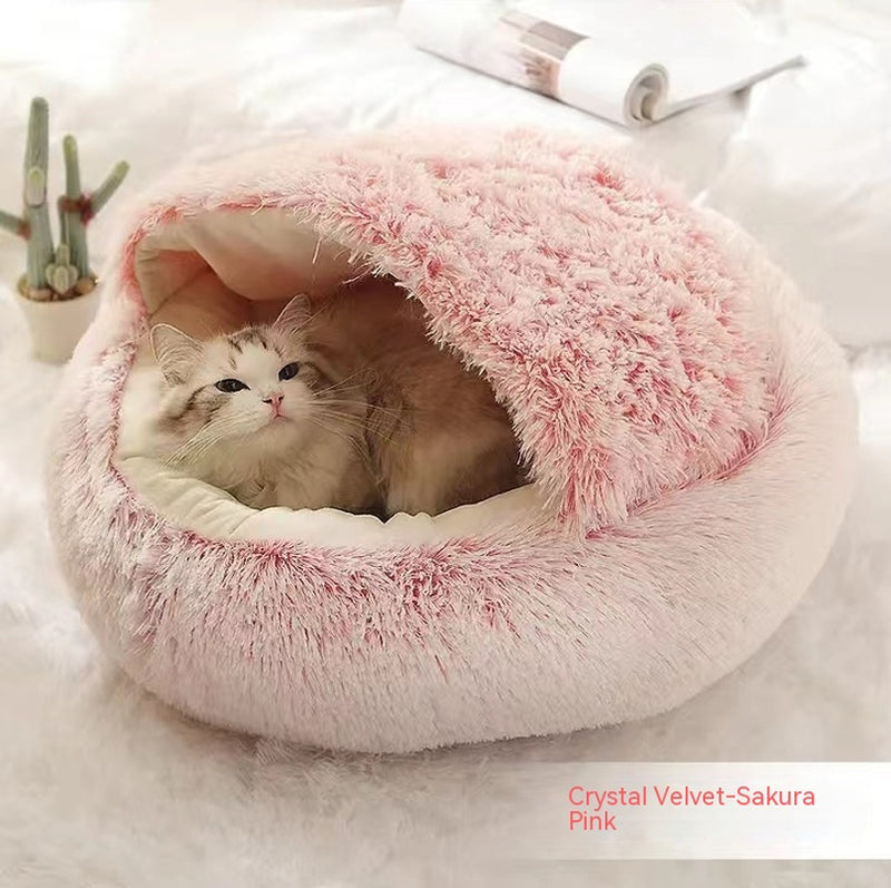 2-in-1 Plush Pet Bed for Dogs and Cats - Cozy Round Winter House with Soft Long Fur Design