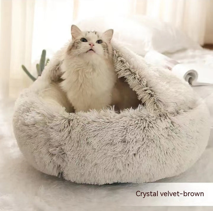 2-in-1 Plush Pet Bed for Dogs and Cats - Cozy Round Winter House with Soft Long Fur Design