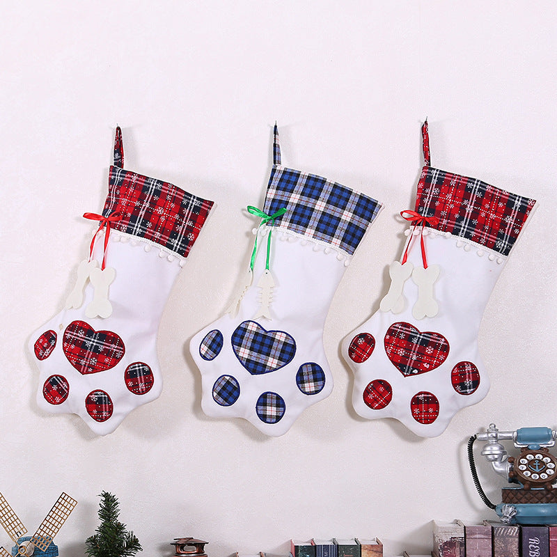 Paw Print Christmas Stocking for Pets – Plaid Cuff