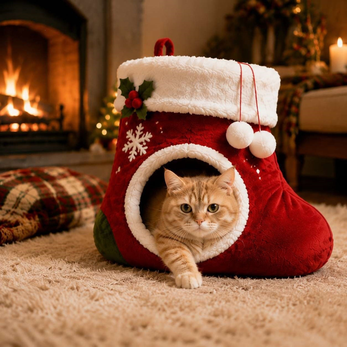 Christmas Stocking Cat Cave Bed – Cozy Plush Hideaway
