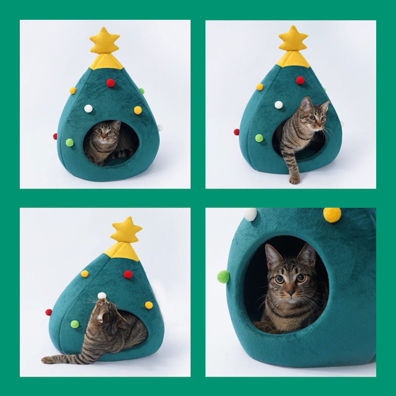 Christmas Tree Cat Cave Bed – Plush Hideaway for Cats