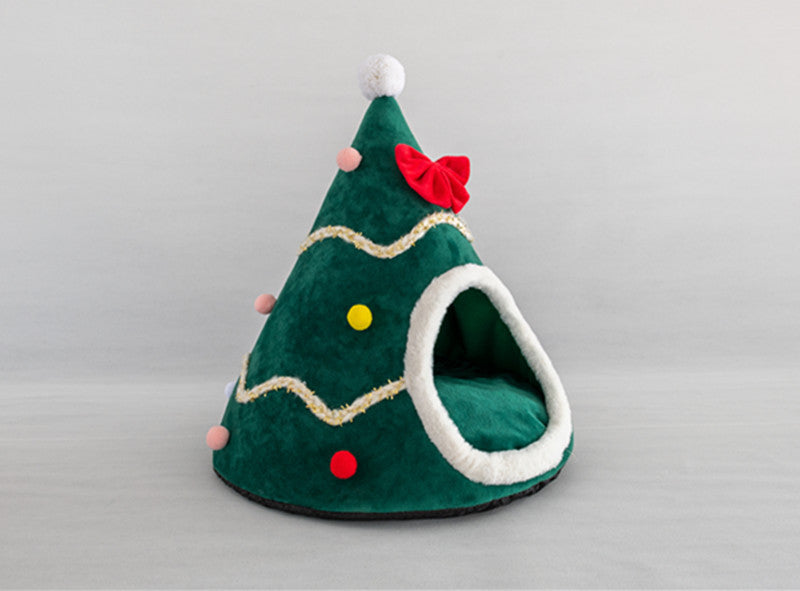 Christmas Tree Cone Cat Cave – Plush Bed in Red or Green