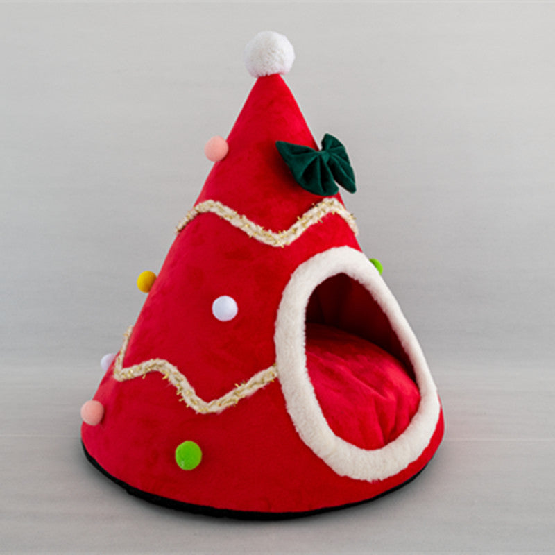 Christmas Tree Cone Cat Cave – Plush Bed in Red or Green