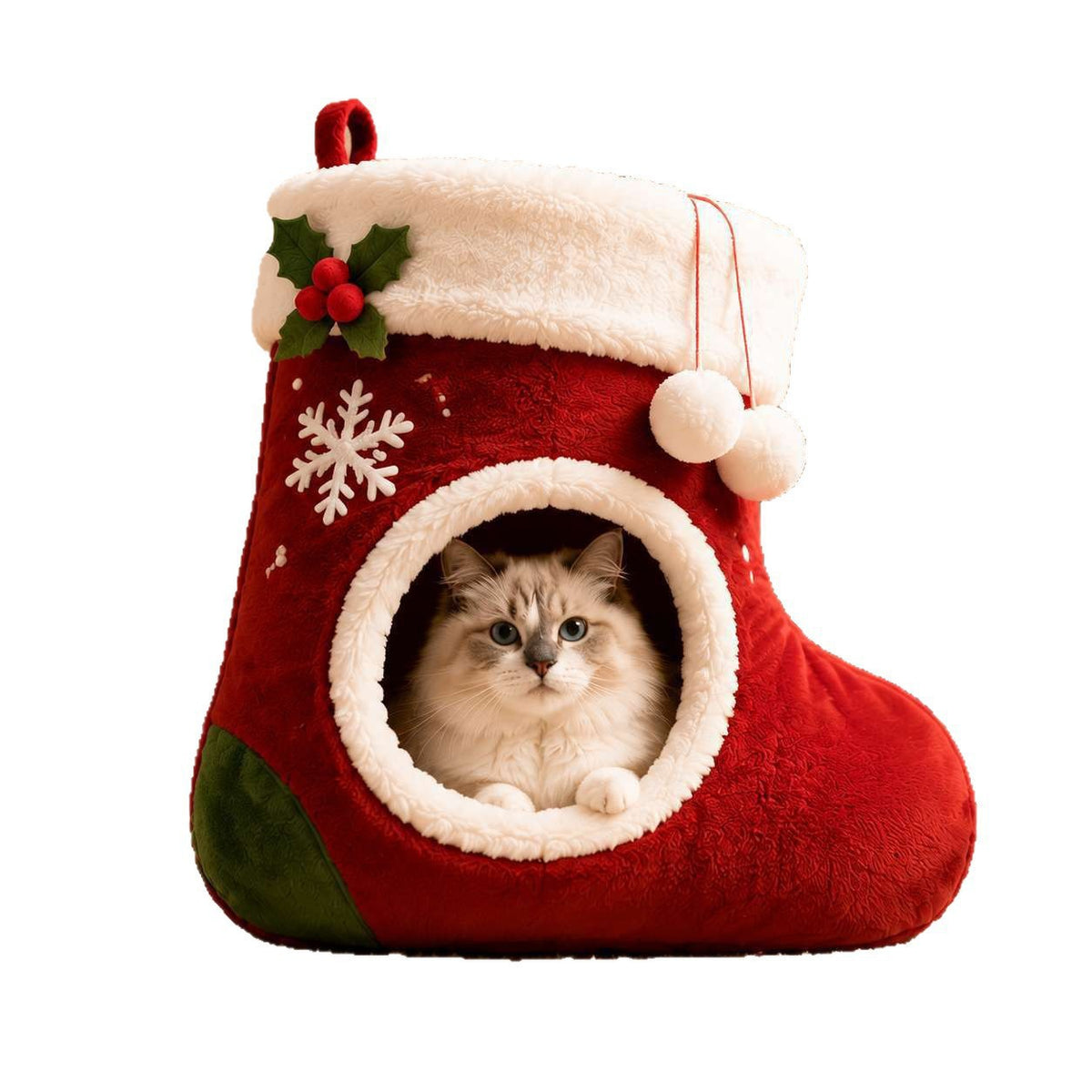 Christmas Stocking Cat Cave Bed – Cozy Plush Hideaway