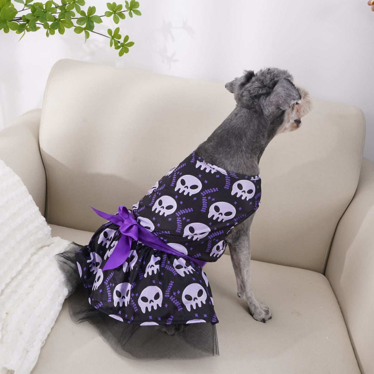 Skull Print Halloween Dress for Dogs – Purple Party Frock