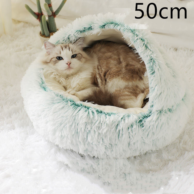 2-in-1 Plush Pet Bed for Dogs and Cats - Cozy Round Winter House with Soft Long Fur Design