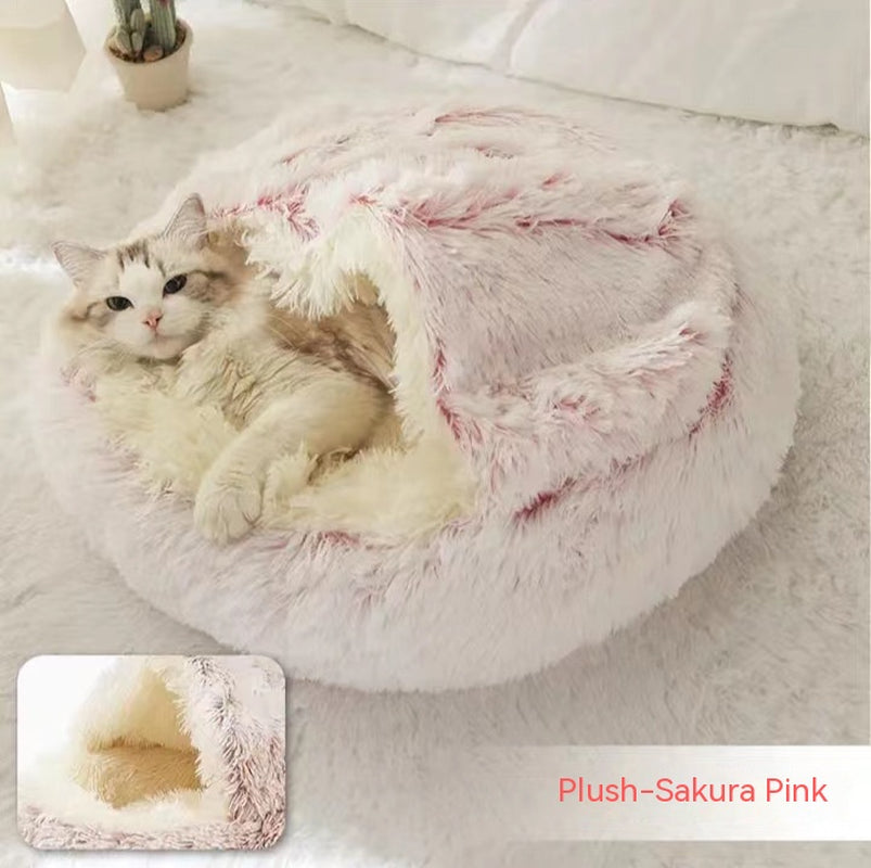 2-in-1 Plush Pet Bed for Dogs and Cats - Cozy Round Winter House with Soft Long Fur Design