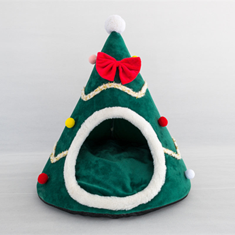 Christmas Tree Cone Cat Cave – Plush Bed in Red or Green
