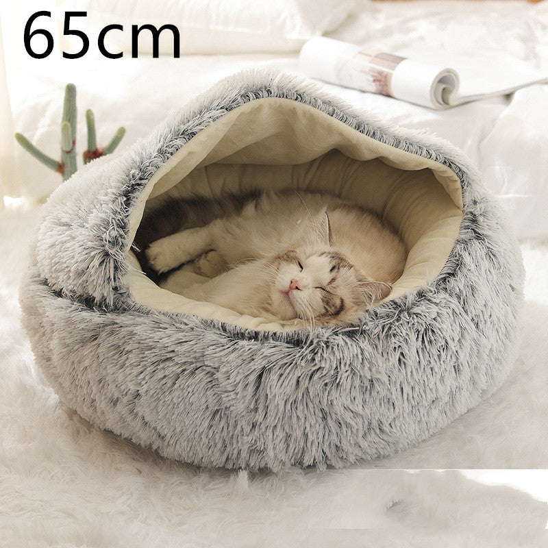 2-in-1 Plush Pet Bed for Dogs and Cats - Cozy Round Winter House with Soft Long Fur Design