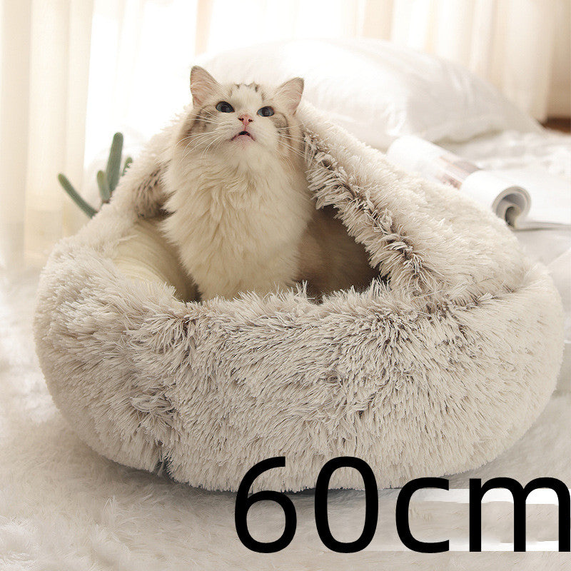2-in-1 Plush Pet Bed for Dogs and Cats - Cozy Round Winter House with Soft Long Fur Design