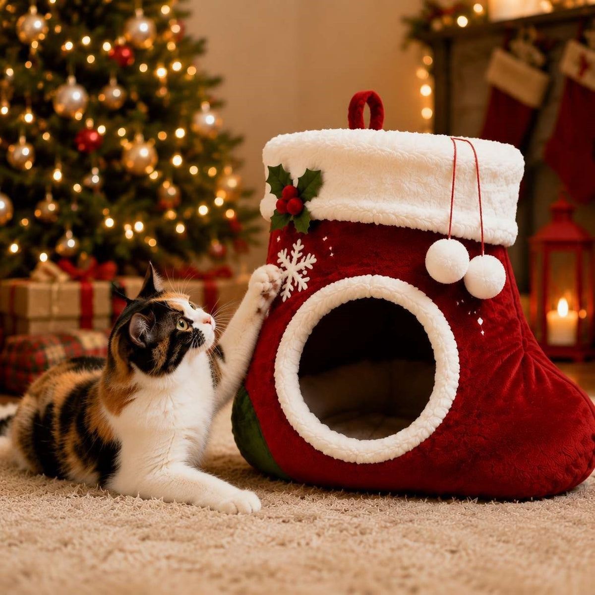 Christmas Stocking Cat Cave Bed – Cozy Plush Hideaway