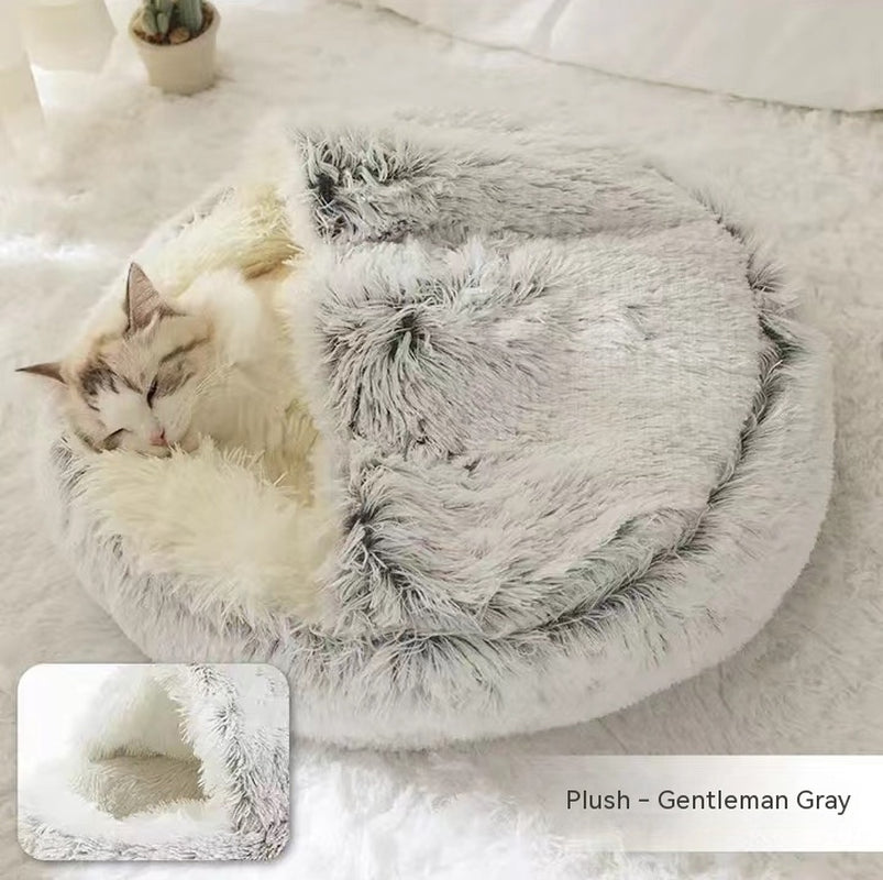 2-in-1 Plush Pet Bed for Dogs and Cats - Cozy Round Winter House with Soft Long Fur Design