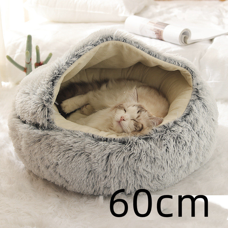 2-in-1 Plush Pet Bed for Dogs and Cats - Cozy Round Winter House with Soft Long Fur Design