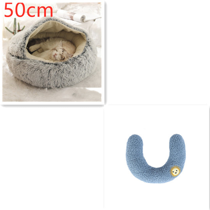 2-in-1 Plush Pet Bed for Dogs and Cats - Cozy Round Winter House with Soft Long Fur Design