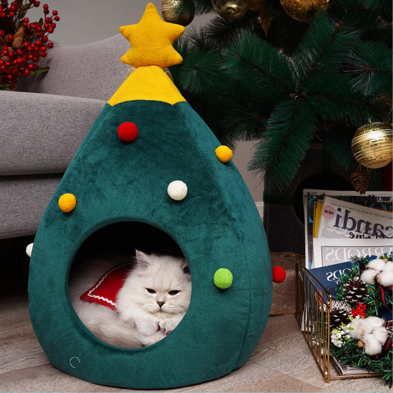 Christmas Tree Cat Cave Bed – Plush Hideaway for Cats