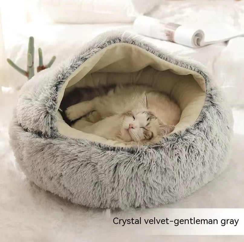 2-in-1 Plush Pet Bed for Dogs and Cats - Cozy Round Winter House with Soft Long Fur Design