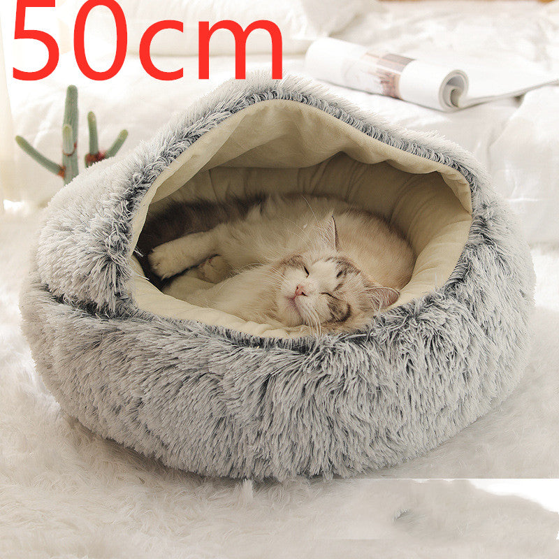 2-in-1 Plush Pet Bed for Dogs and Cats - Cozy Round Winter House with Soft Long Fur Design