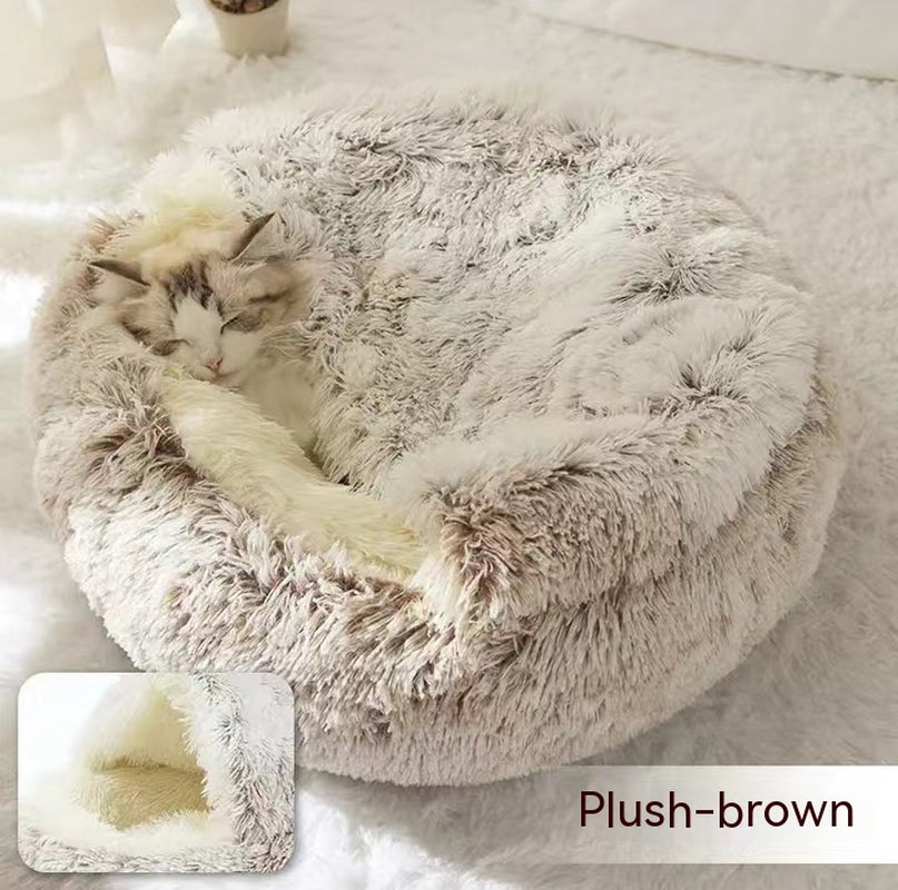 2-in-1 Plush Pet Bed for Dogs and Cats - Cozy Round Winter House with Soft Long Fur Design